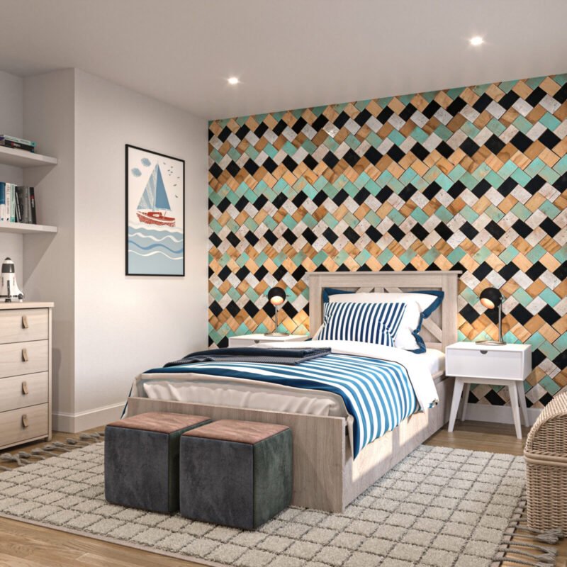 A room comes to life with small, colorful wooden squares, infusing the space with warmth, texture, and a dynamic, personalized touch