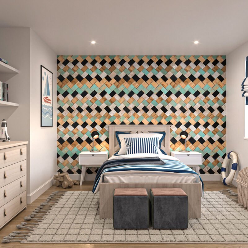 A room comes to life with small, colorful wooden squares, infusing the space with warmth, texture, and a dynamic, personalized touch