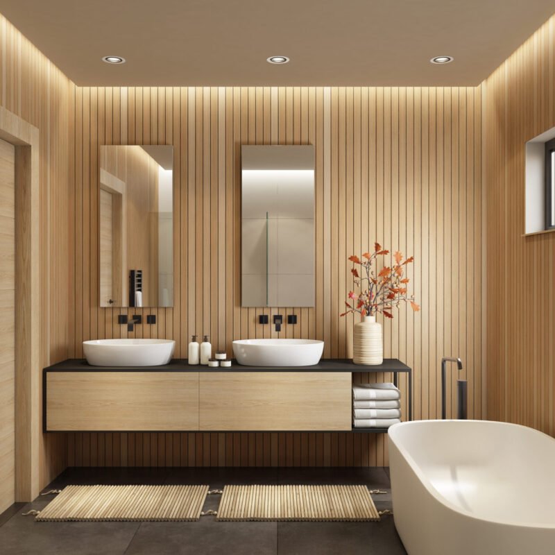 Wooden strips elegantly cover the shower walls, creating a luxurious and natural ambiance